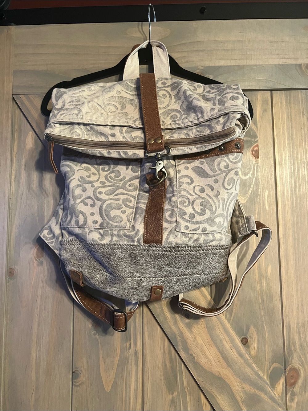 Myra Bag Cream and Brown Floral-Pattern Roll-Top Backpack